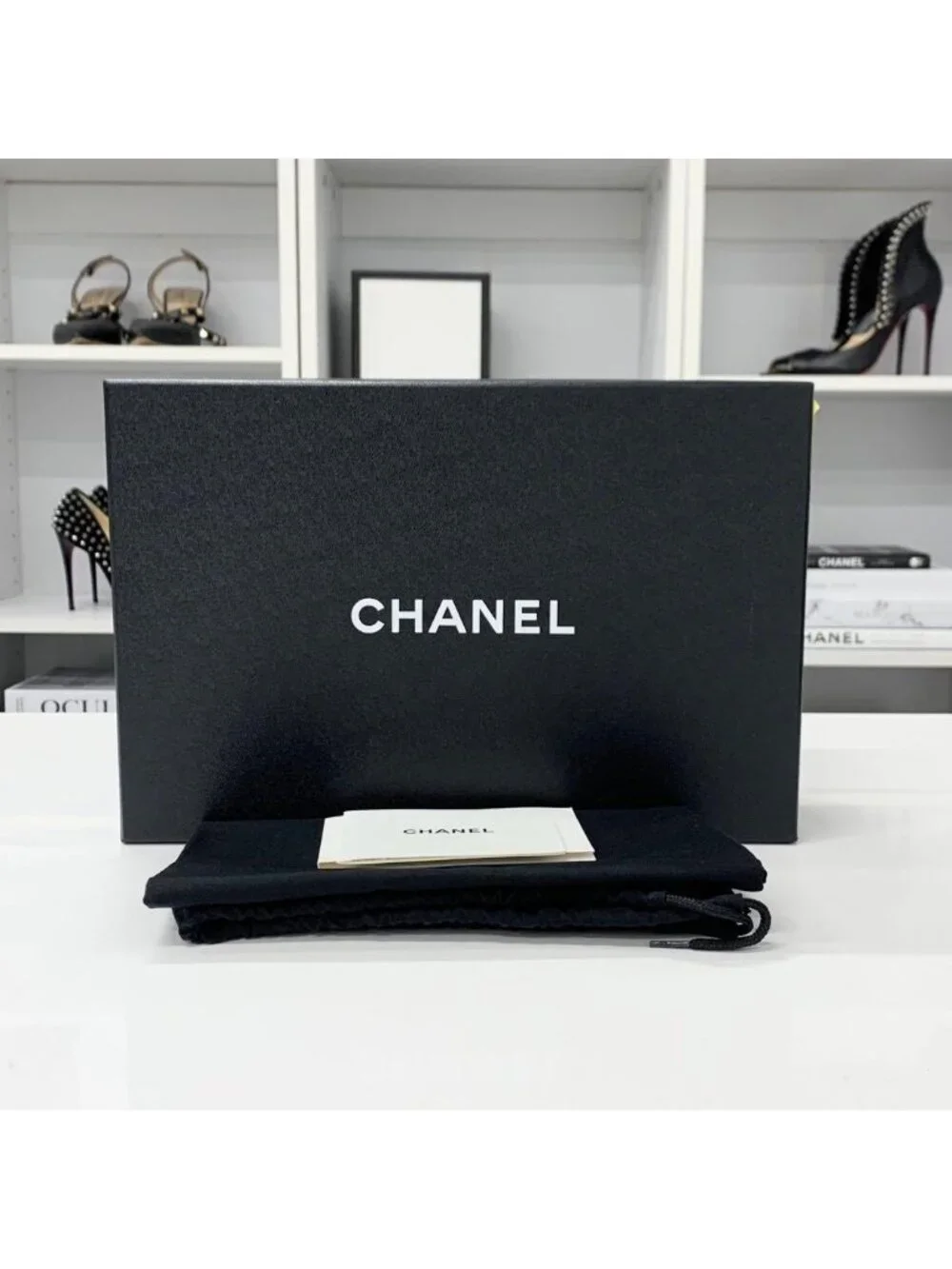 Chanel CC Logo Patent Rhinestone Pearl Loafers Black